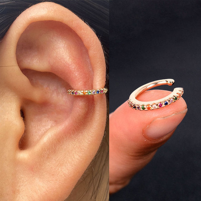 1Pc Hollow Geometry Rainbow CZ Cuff Wrap Clip On Earrings Women Girls Climber Ear Cartilage Bone Clips Fake Earring Non Piercing